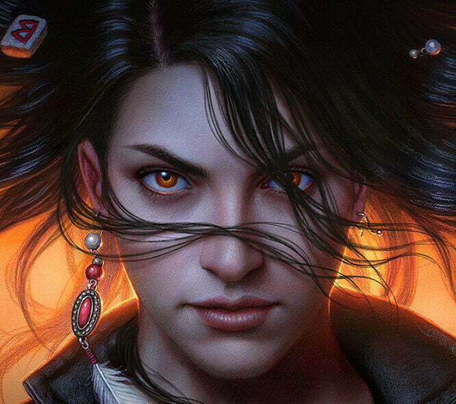 Art by Dan Dos Santos for DM article, illustrating a womans face with orange eyes, she's wearing an earing with a feather, with magic runes and objects flying around her