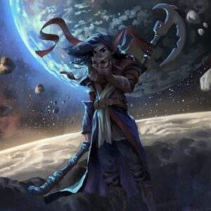 a moon elves illustration showing one in front of a planet