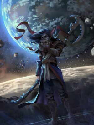 a moon elves illustration showing one in front of a planet