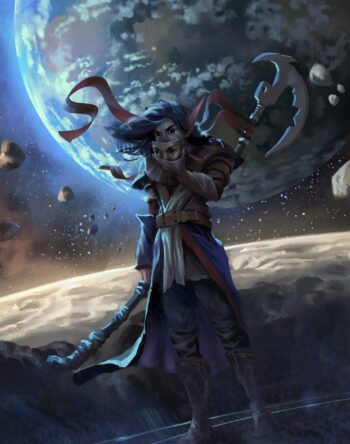 a moon elves illustration showing one in front of a planet