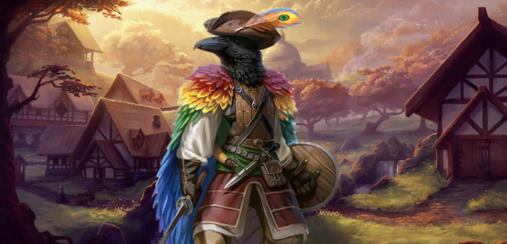 An artists fantasy illustration of a Kenku, a black antropomorphic bird creature dressed for battle,  for the purposes 
