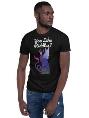 a man facing right wearing the illustration for a shirt of Sphinx of Black Quartz