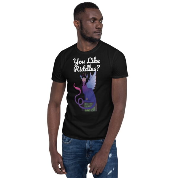 a man facing right wearing the illustration for a shirt of Sphinx of Black Quartz