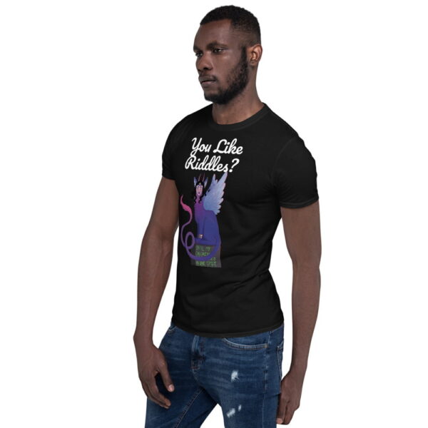 A man facing left wearing the illustration for a shirt of Sphinx of Black Quartz
