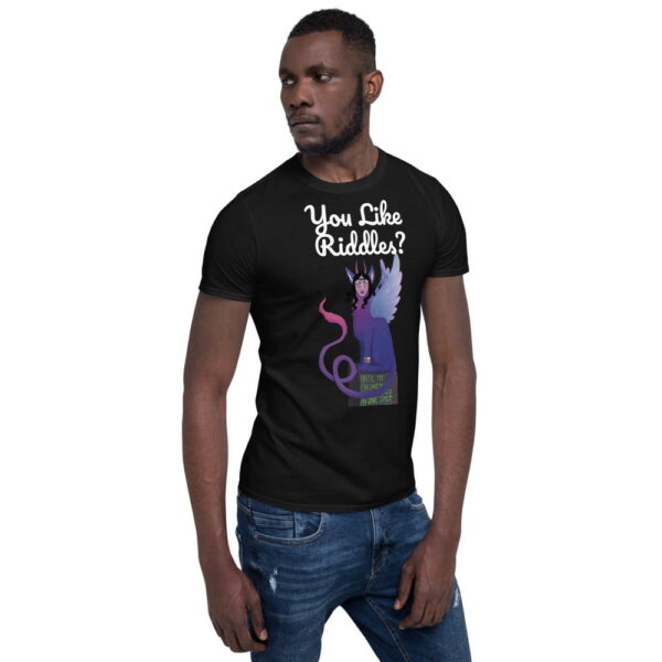 A man facing left wearing the illustration for a shirt of Sphinx of Black Quartz