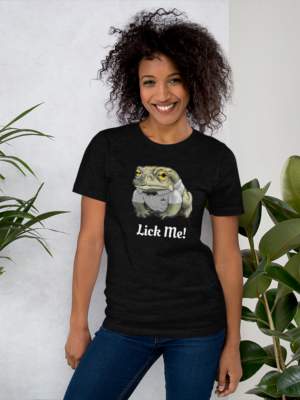 a smiling woman wearing a black lick the toad t-shirt