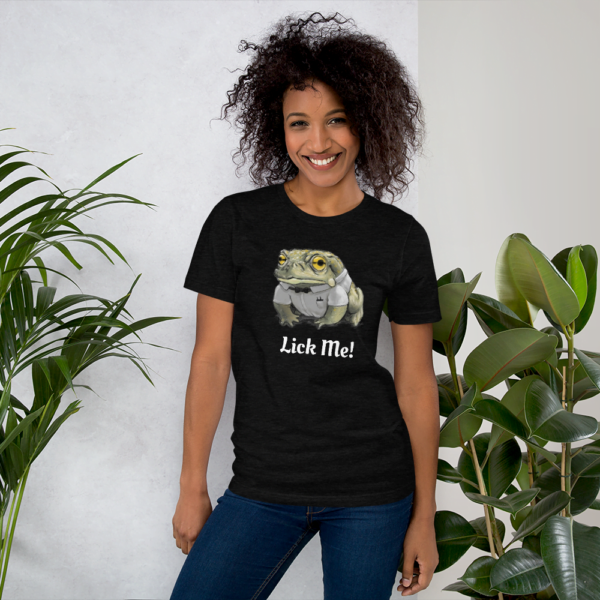 a smiling woman wearing a black lick the toad t-shirt