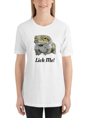 a woman wearing a white short sleeve toad t-shirt with the word lick me on it