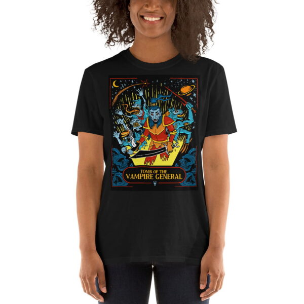 Tomb of the Vampire General unisex black shirt being worn by a woman who is smiling