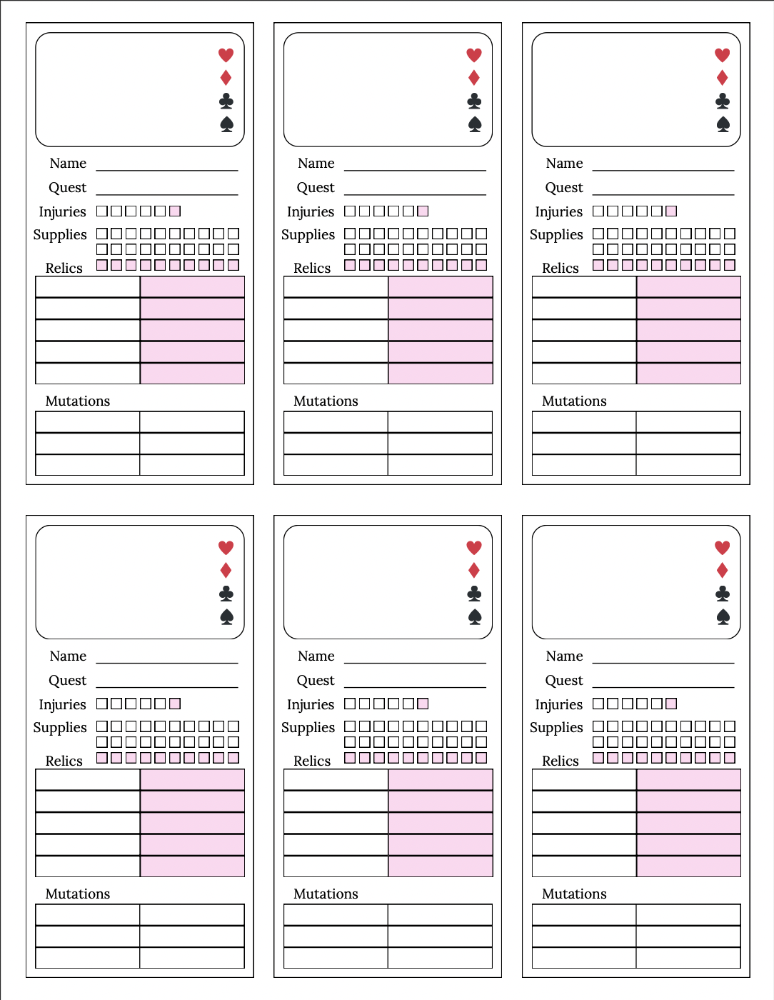 Supplemental page including 6 character sheets
