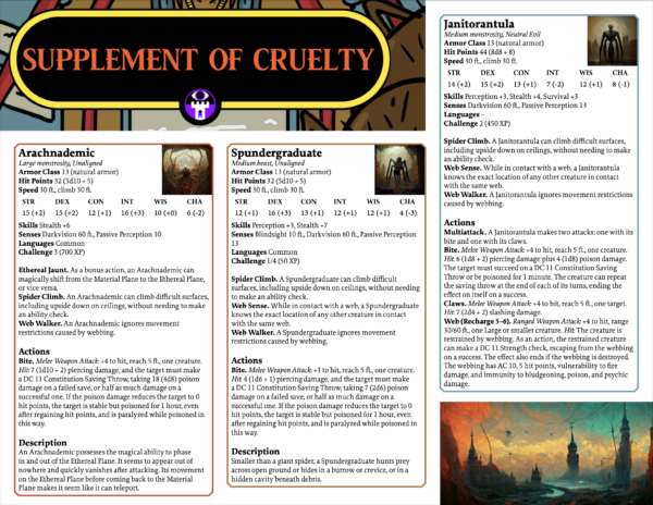 College of Cruelty: Page 3. Supplement. Stat blocks for Arachnademics, Spundergraduates, and Janitorantulas