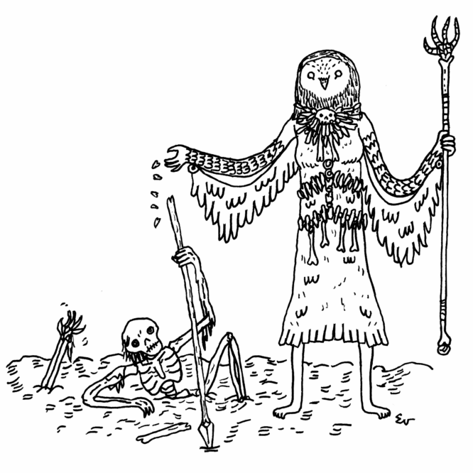 An owl wearing bones, casting necromantic magic over a gravesite.